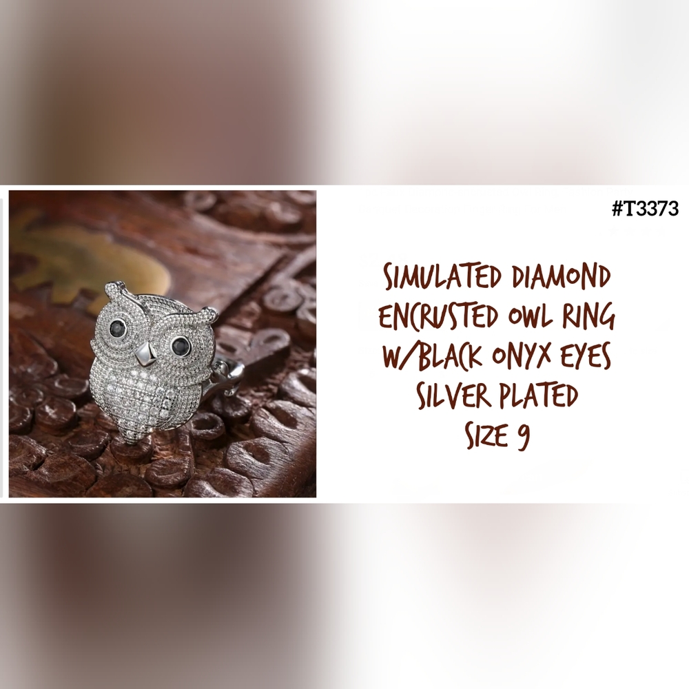 Adorable simulated diamonds & onyx Owl ring, Sz.9